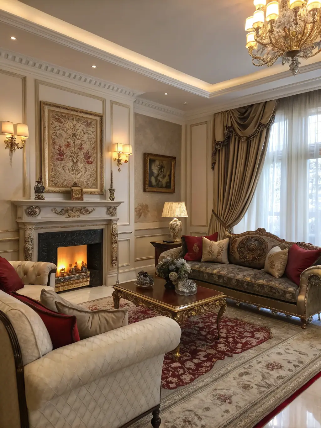 A high-resolution photograph showcasing the interior of a luxurious living room with elegant furniture, a fireplace, and large windows offering a stunning view. This image represents the high-quality photography services offered by LuxeVision.