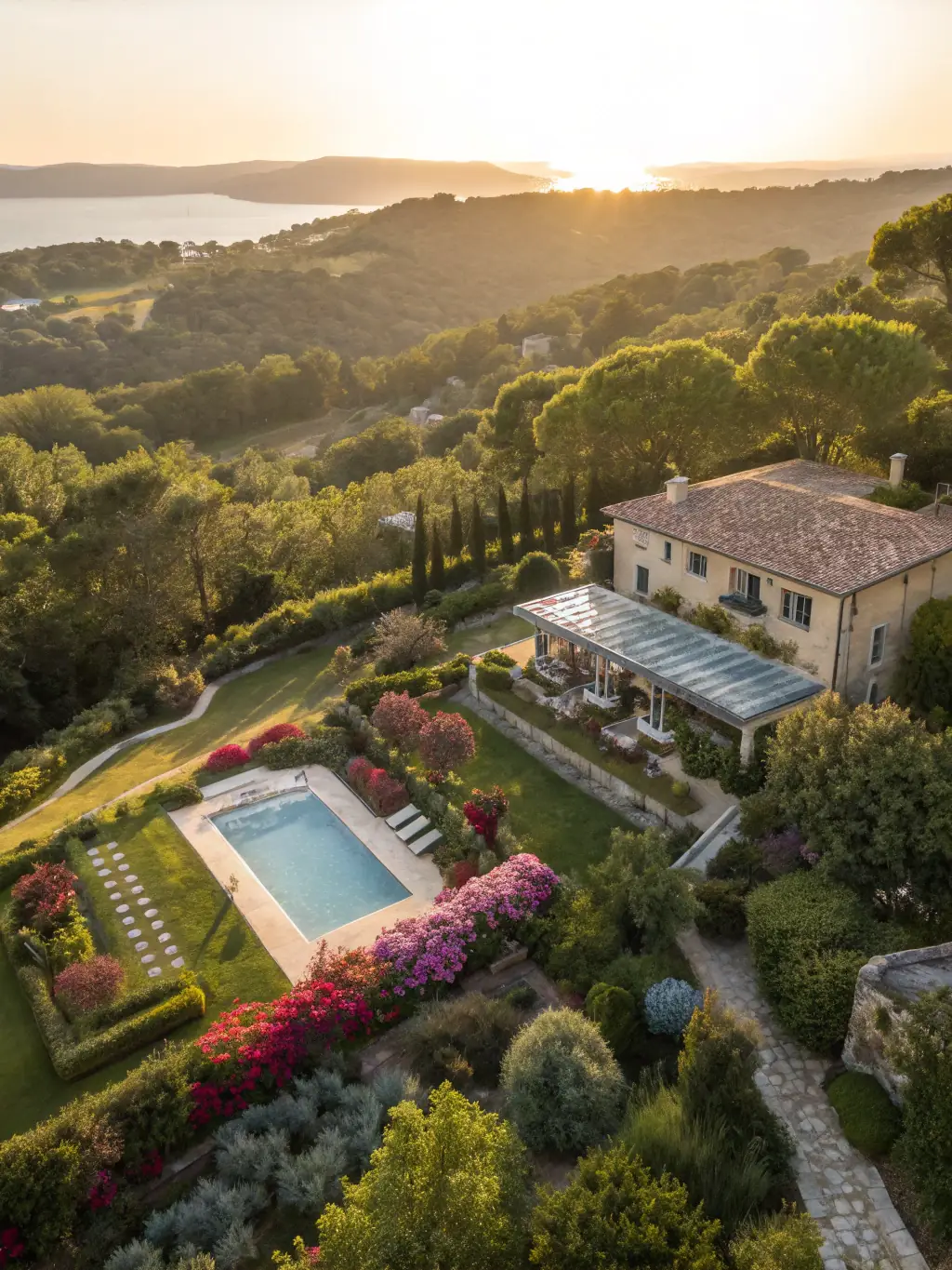 A drone shot capturing an expansive luxury property with a swimming pool, manicured gardens, and a sprawling lawn. The image emphasizes the scale and grandeur of the estate, showcasing LuxeVision's videography capabilities.