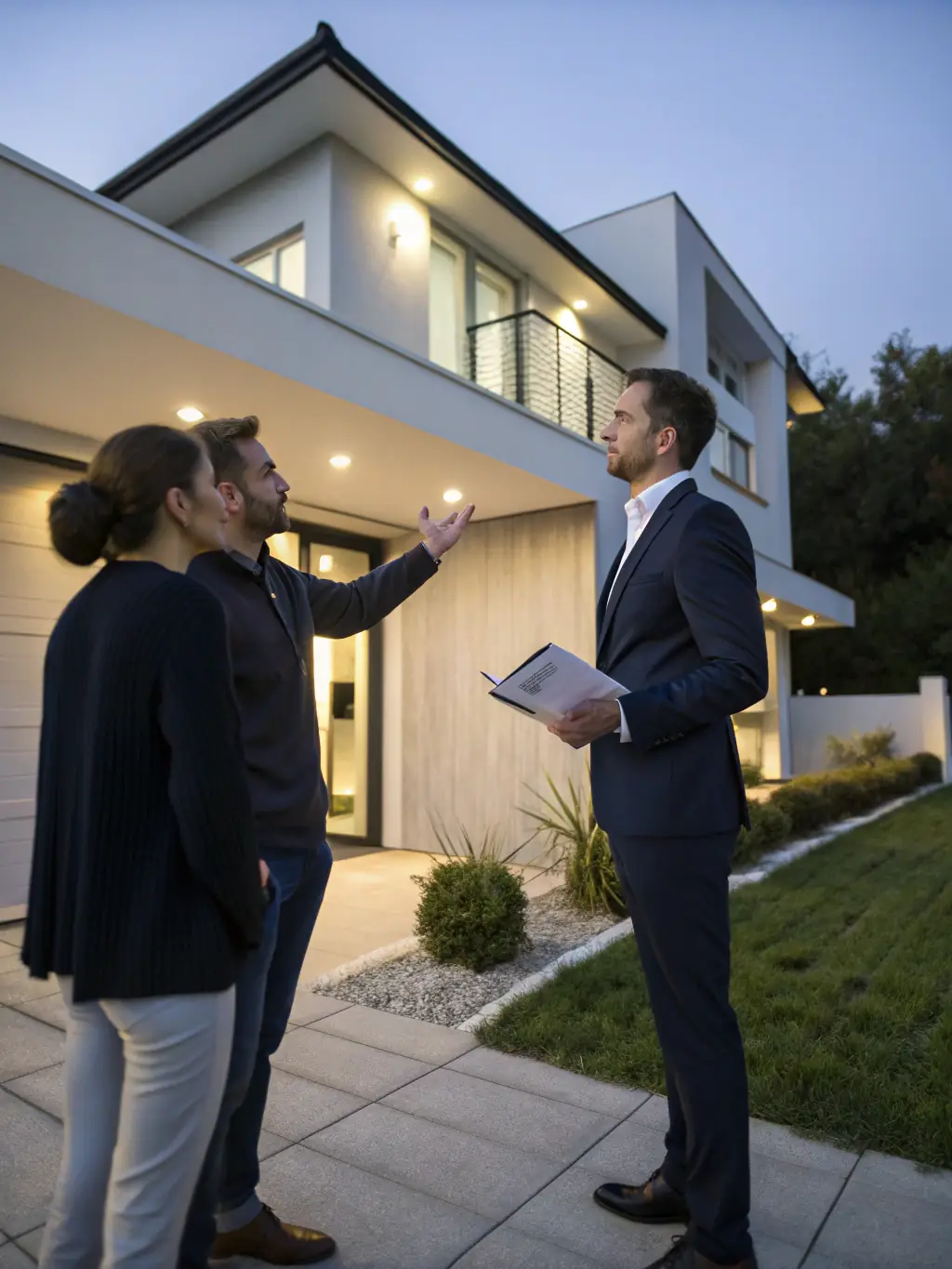 A photograph of a real estate agent smiling confidently while standing in front of a luxury home, holding a tablet displaying a LuxeVision media presentation. This image represents the professional and effective service provided by LuxeVision.