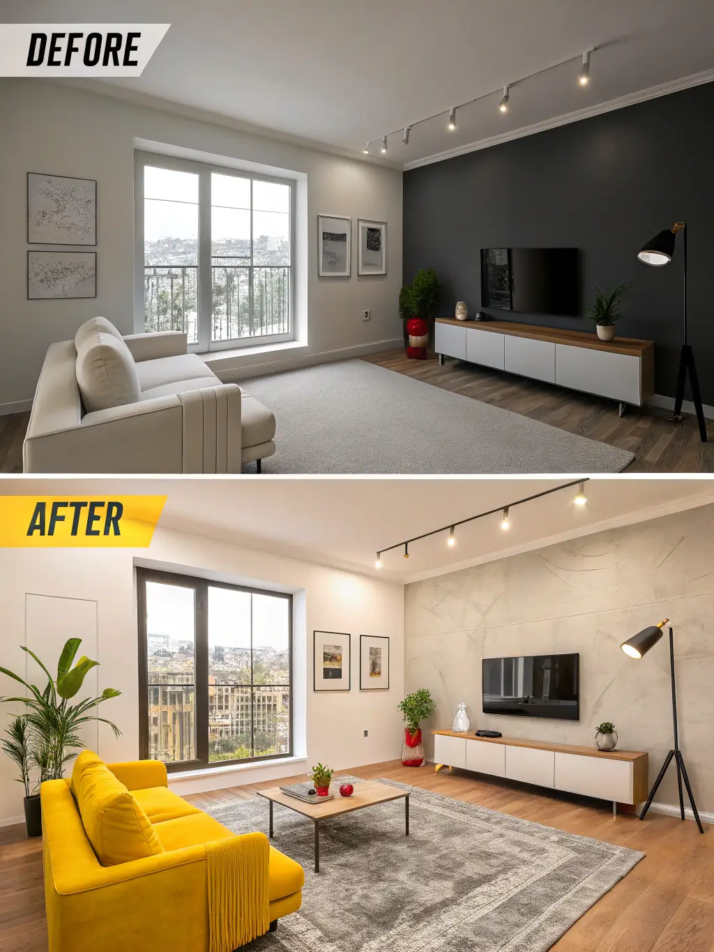 A before-and-after photo showcasing a property's transformation through Sotex Media's staging and photography services, emphasizing the improved visual appeal.