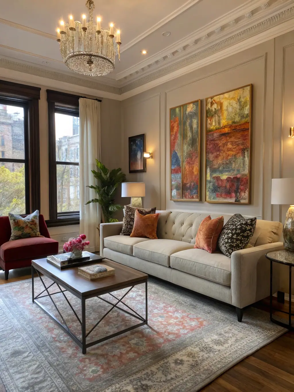 A beautifully staged living room in an Airbnb property, photographed with professional lighting to highlight its cozy and inviting atmosphere, showcasing Sotex Media's photography services.