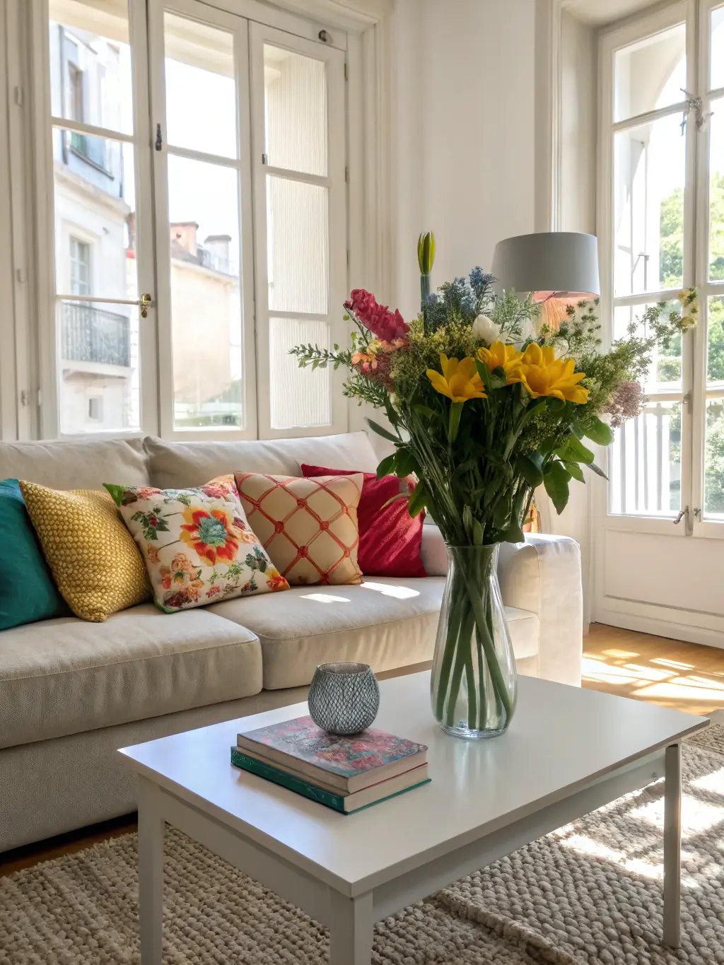 A high-resolution photograph showcasing a beautifully staged Airbnb living room with professional lighting, highlighting the inviting atmosphere and design elements.