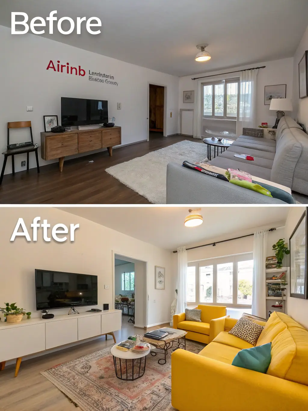 A before-and-after image demonstrating the impact of professional staging and photography on an Airbnb listing's online presence.